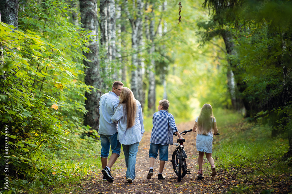 Rear view of family walking along autumn path in a park or forest Rear view of family walking along autumn path in a park or forest