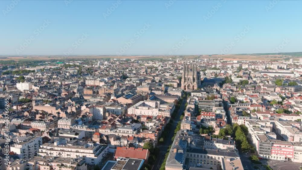 Reims, France: Aerial view of cathedral Cathédrale Notre-Dame de Reims in historic city center - landscape panorama of Europe from above Reims, France: Aerial view of cathedral Cathédrale Notre-Dame de Reims in historic city center - landscape panorama of Europe from above