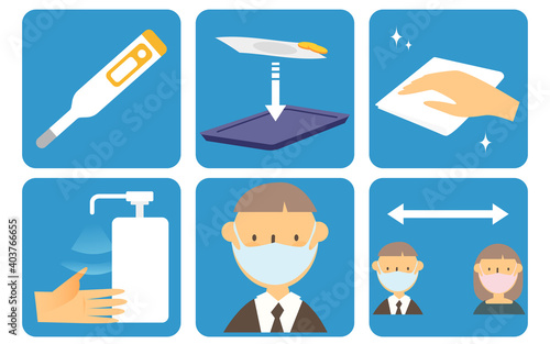 Thermometer, put money on tray, clean, disinfect hands, wear mask, social distance