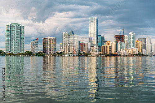 View of the Miami skyline from the Rickenbacker Causeway  Key Biscayne  Florida  USA.
