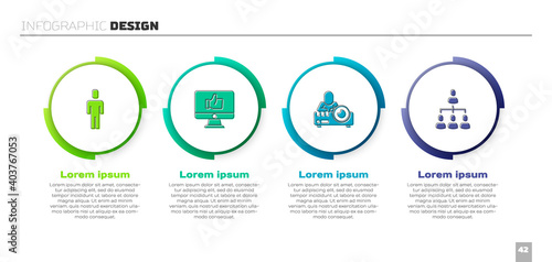 Set Head hunting, Hand like, Media projector and Hierarchy organogram chart. Business infographic template. Vector.
