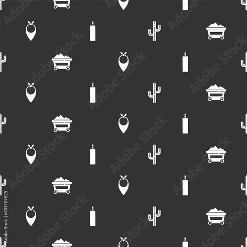 Set Cactus, Coal mine trolley, Cowboy bandana and Dynamite bomb on seamless pattern. Vector.