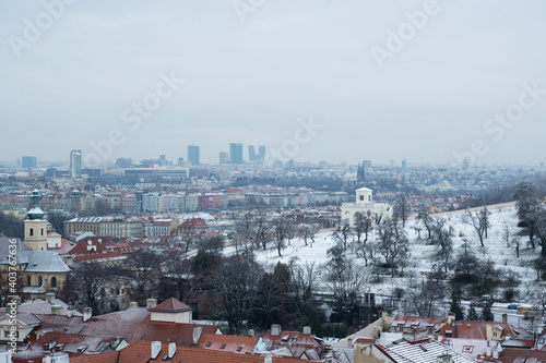 Prague, Czech Republic - January 7, 2021: one of first snowing day of the year