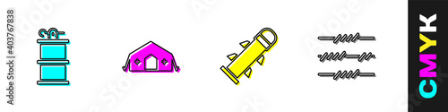 Set Hand smoke grenade, Military medical tent, Rocket and Barbed wire icon. Vector.