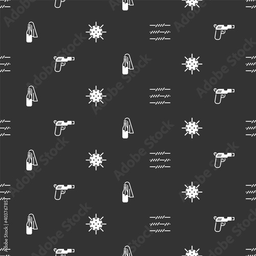 Set Barbed wire, Pistol or gun, Cocktail molotov and Naval mine on seamless pattern. Vector.