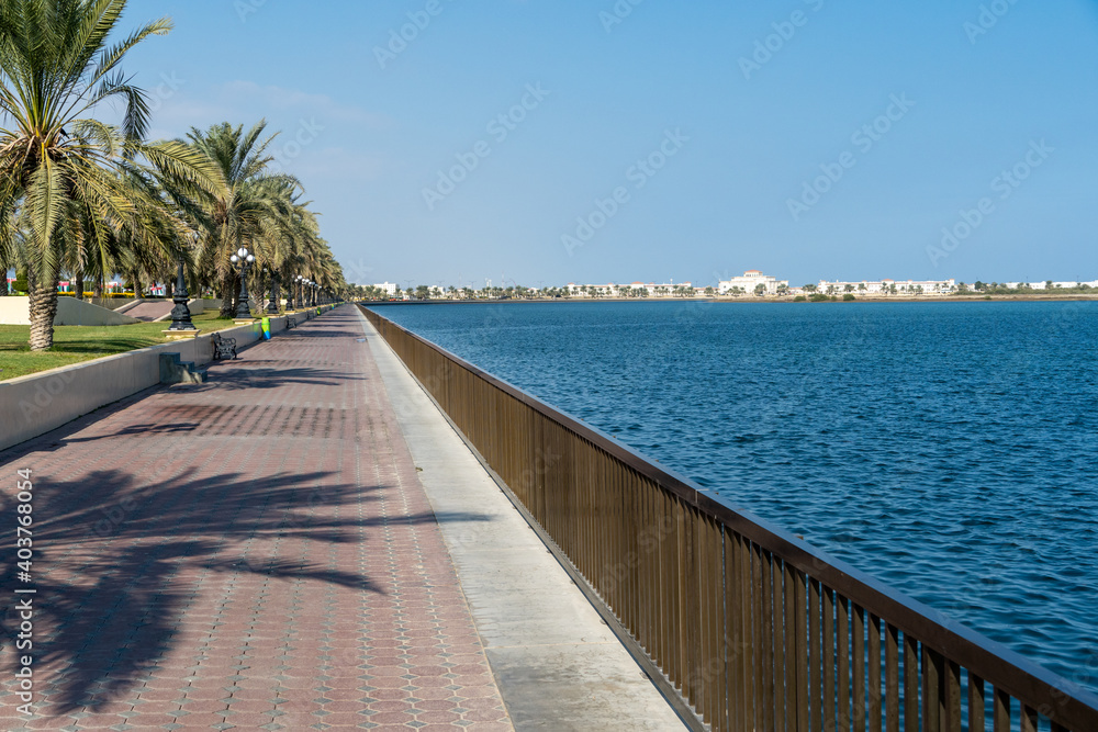 Kalba Corniche in Sharjah United Arab Emirates (UAE) on a beautiful day walking along the Gulf of Oman near the city.