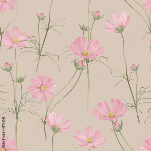 Floral seamless pattern, pink cosmos flowers with leaves on bright brown
