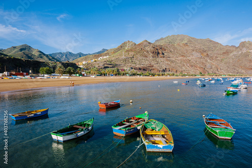 Panoramic view and traditional fishing boats on the Teresitas beach in Santa Cruz de Tenerife, Tenerife, Canary Islands, Spain, Europe.