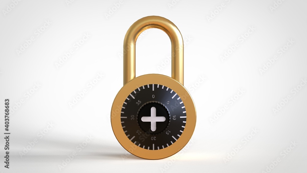 Shiny gold closed padlock with black combination lock and white figures isolated on white background 3d rendering image Shiny gold closed padlock with black combination lock and white figures isolated on white background 3d rendering image