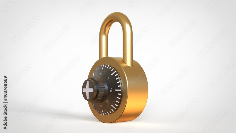 Shiny gold closed padlock with black combination lock and white figures isolated on white background 3d rendering image Shiny gold closed padlock with black combination lock and white figures isolated on white background 3d rendering image