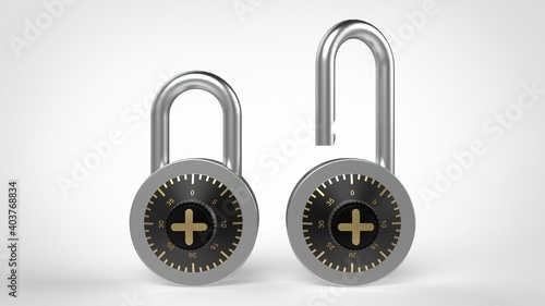 Shiny steel closed and open padlocks with black combination lock and golden figures isolated on white background 3d rendering image