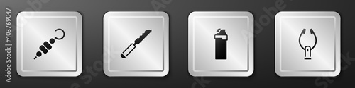 Set Grilled shish kebab, Bread knife, Lighter and Meat tongs icon. Silver square button. Vector.