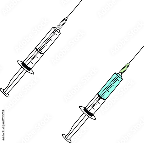 Vector medical syringe icon set. Syringes are filledIllustration of medical syringes with needle in flat minimalism style.