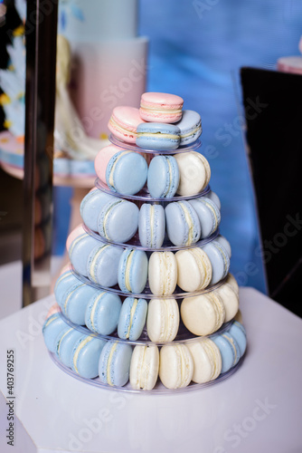 Pyramid of macaroons on candy bar