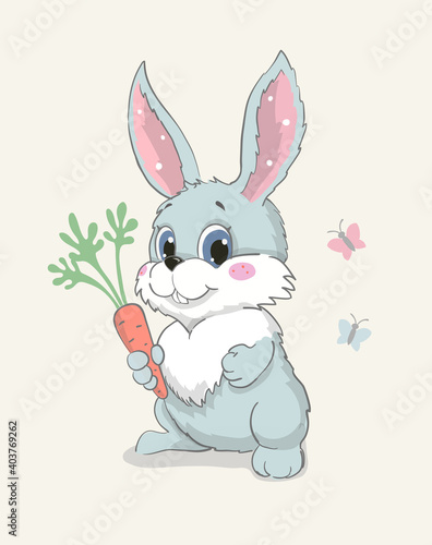 Cute bunny with carrot  lovely sitting rabbit vector illustration