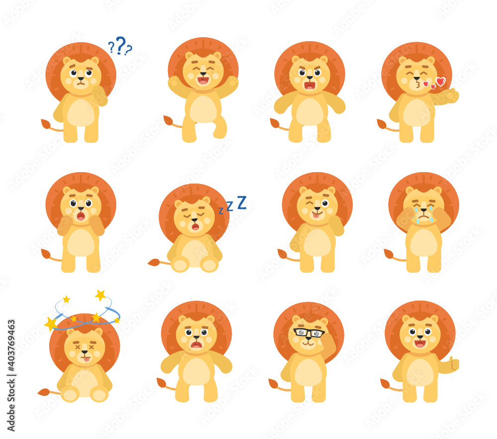 Set of cute lion character showing various emotions, poses. Cartoon lion thinking, crying, sleeping, angry and showing other expressions. Vector illustration Set of cute lion character showing various emotions, poses. Cartoon lion thinking, crying, sleeping, angry and showing other expressions. Vector illustration