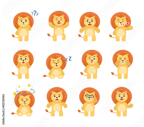 Set of cute lion character showing various emotions, poses. Cartoon lion thinking, crying, sleeping, angry and showing other expressions. Vector illustration
