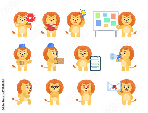 Set of cute lion character showing various actions, poses. Cartoon lion holding stop sign, parcel box, letter, reading book, running and showing other actions. Vector illustration