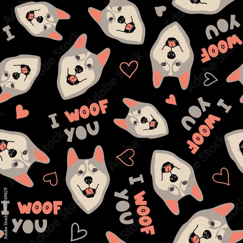 Seamless vector pattern with husky faces and hearts. Cute dog breed. Quote 'I woof you'