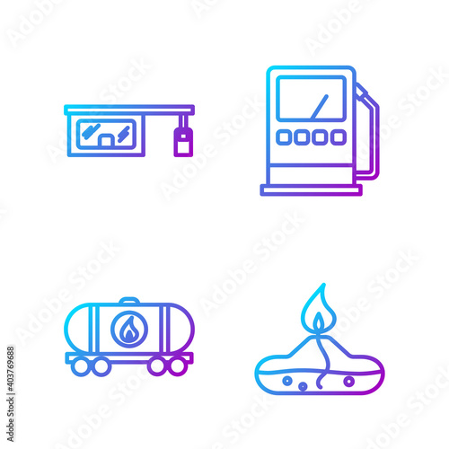 Set line Alcohol or spirit burner, Oil railway cistern, Gas filling station and Petrol or gas station. Gradient color icons. Vector.