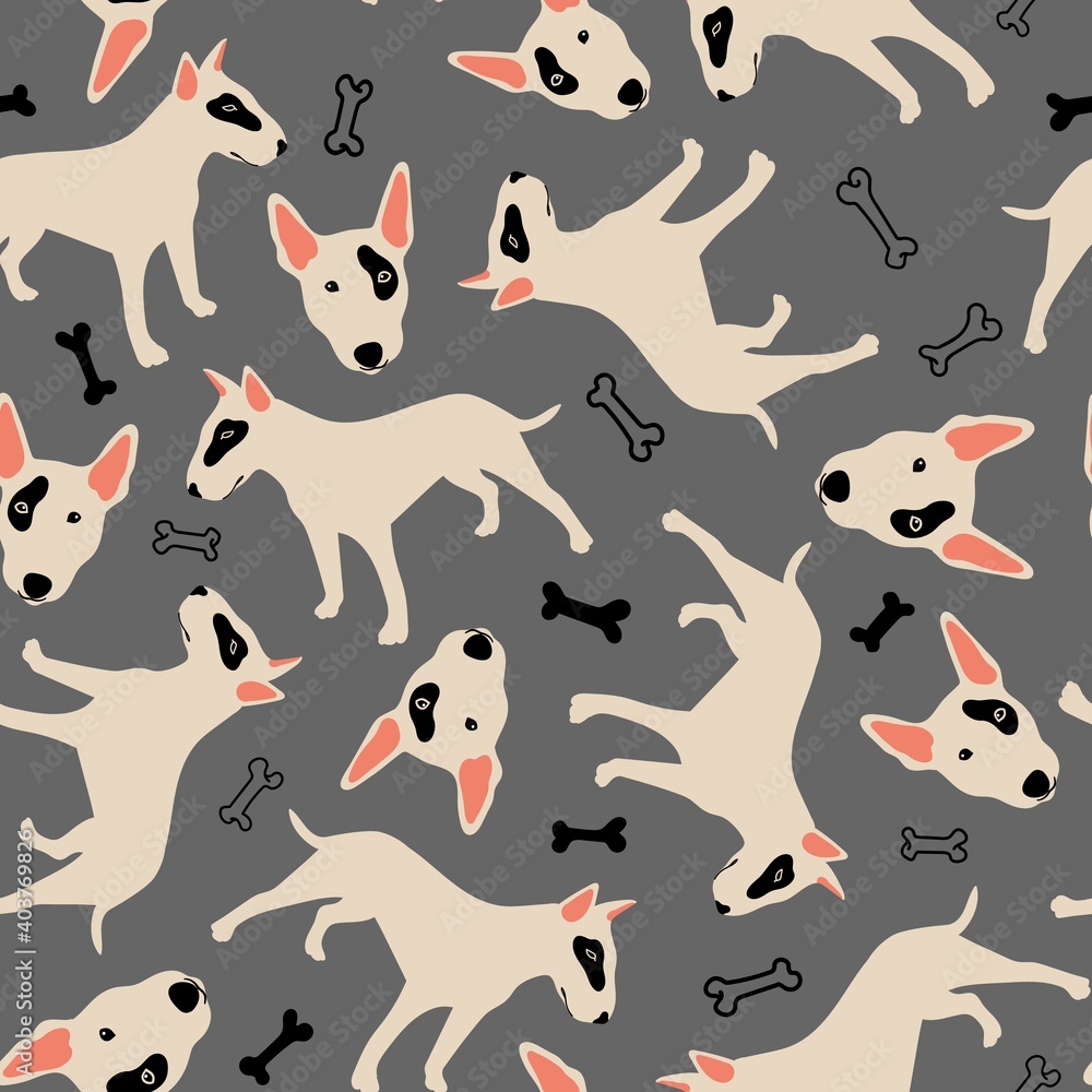 Seamless vector pattern with pitbull, bones, dog breeds. Cute background for fabric, textile, wallpaper, illustration