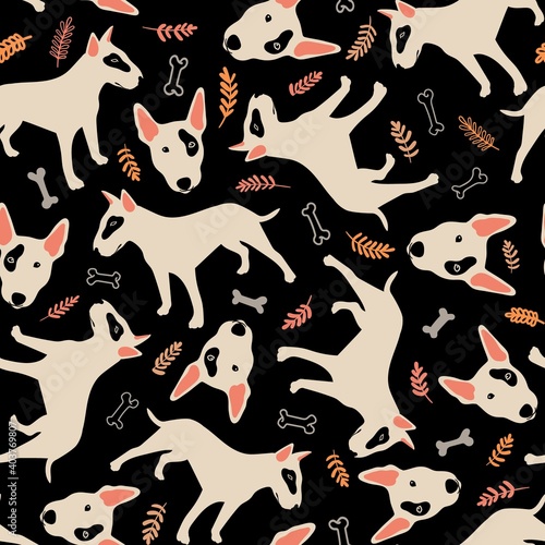 Fototapete Seamless vector pattern with bull terrier, bones and plants, dog breed concept