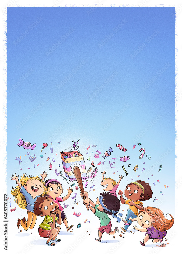 Group of children playing with pinata - obrazy, fototapety, plakaty 