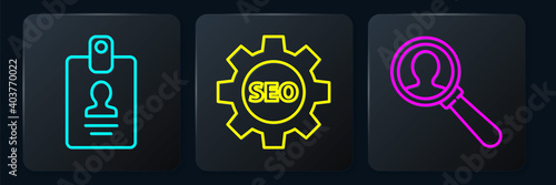 Set line Identification badge, Magnifying glass for search a people and Seo tag with gear wheel. Black square button. Vector.