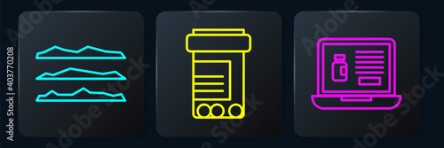 Set line Cocaine or heroin drug, Buying drugs online on laptop and Medicine bottle and pills. Black square button. Vector.