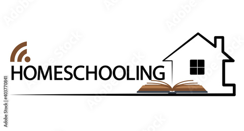 Concept of homeschooling. Studying at home online. Illustration emblem of education.Homeschooling Icon Type. Study and learn at home. Home schooling and quarantine precaution to stay safe from virus.