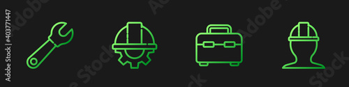 Set line Toolbox, Wrench spanner, Worker safety helmet and gear and . Gradient color icons. Vector.