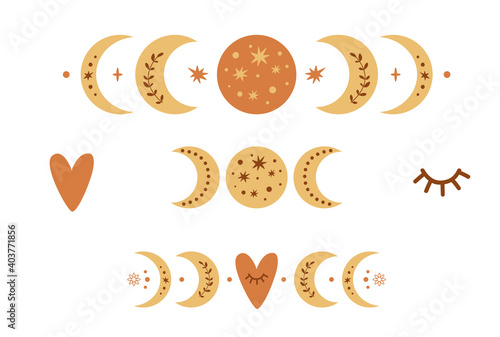 Boho moon phase logo set. Boho moon symbol. Cute love moon elements. Celestial Valentines day icons Heart shape