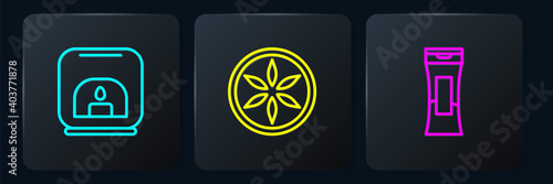 Set line Aroma lamp, Bottle of shampoo and Leaf plant nature. Black square button. Vector.