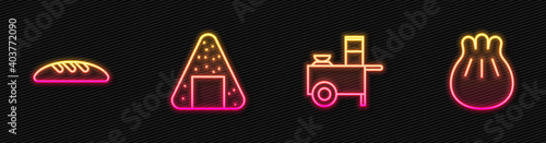 Set line Fast street food cart, Bread loaf, Onigiri and Khinkali on cutting board. Glowing neon icon. Vector.