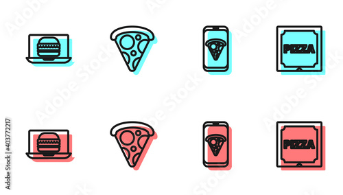Set line Food ordering pizza, Online burger delivery, Slice of and Pizza cardboard box icon. Vector.