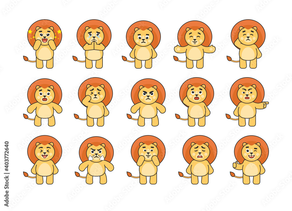 Set of cute lion characters showing various emotions. Cartoon lion crying, begging, sad, angry, suspicious, happy and showing other expressions. Vector illustration Set of cute lion characters showing various emotions. Cartoon lion crying, begging, sad, angry, suspicious, happy and showing other expressions. Vector illustration