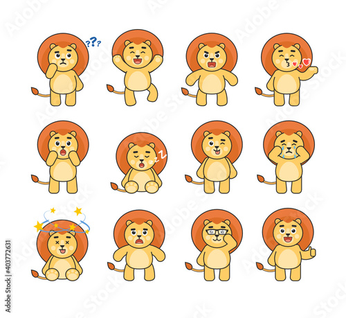 Set of cute lion character showing various emotions, poses. Cartoon lion thinking, crying, sleeping, angry and showing other expressions. Vector illustration
