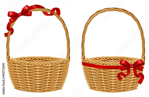 Empty wicker gift basket with red ribbon isolated on white background. Vector illustration.