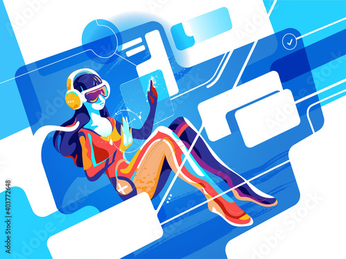 Donna che indossa occhiali per realtà virtuale e lavora con i dati	
