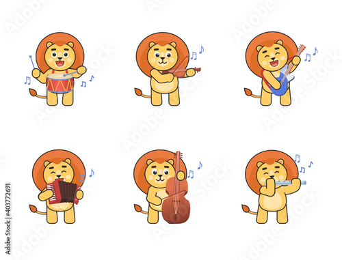 Set of cartoon lion characters playing on various musical instruments. Cute lion playing on drum  guitar  violin  flute  accordion  double bass. Vector illustration