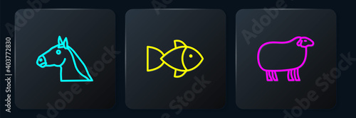 Set line Horse head, Sheep and Fish. Black square button. Vector.