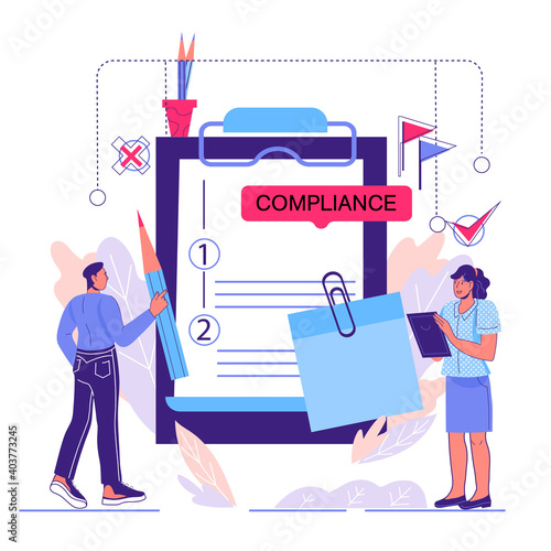 Regulatory compliance concept with tiny business people, cartoon vector illustration isolated on white background. Legal compliance and regulatory of business.