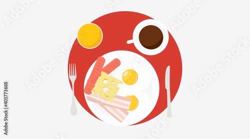 Vector Isolated Illustration of a Breakfast with Coffee, Juice, Fried Eggs, Bacon, Sausages, Cheese and Cutlery