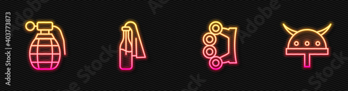 Set line Brass knuckles, Hand grenade, Cocktail molotov and Viking in horned helmet. Glowing neon icon. Vector.