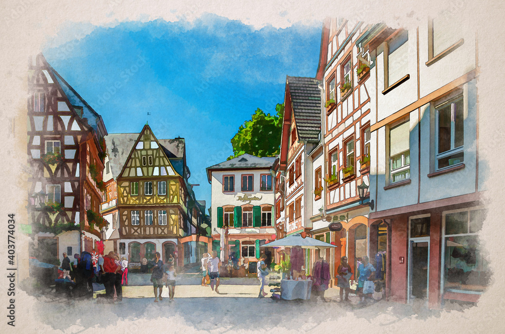 Watercolor drawing of Mainz: Traditional german houses with typical wooden facade fachwerk style and tourists people walking down cobblestone square