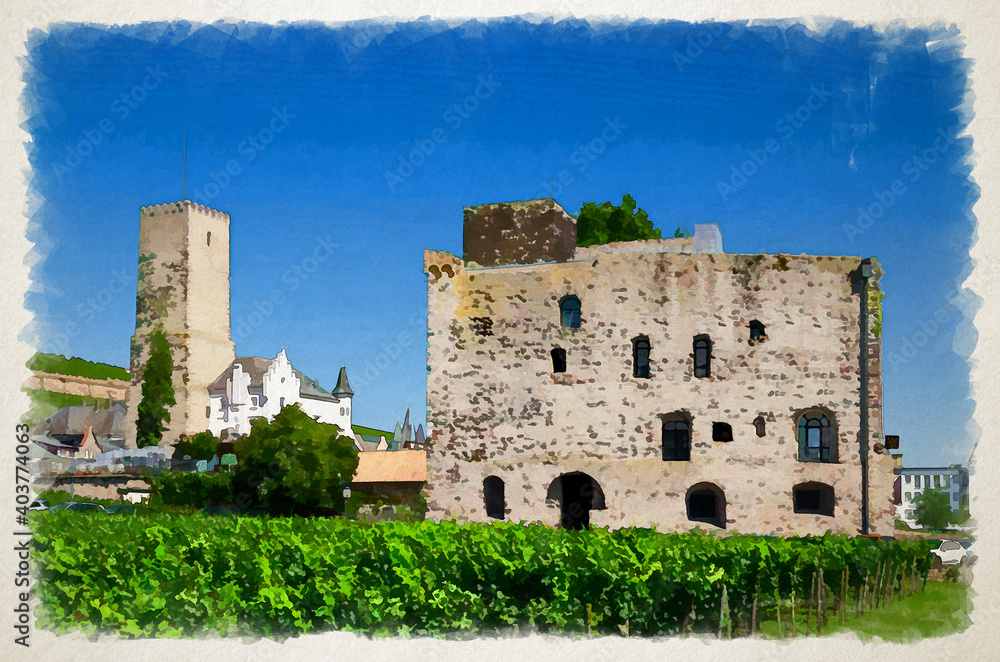 Watercolor drawing of Vineyards green field, Bromserburg medieval stone lowland castle building and stone tower in Rudesheim am Rhein