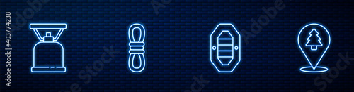 Set line Rafting boat, Camping gas stove, Climber rope and Location of the forest. Glowing neon icon on brick wall. Vector.