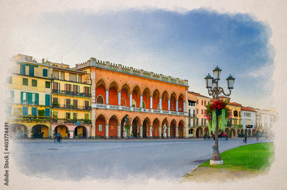 Watercolor drawing of Padua cityscape with Palazzo Loggia Amulea palace neogothic style building and street lights on Piazza Prato della Valle square