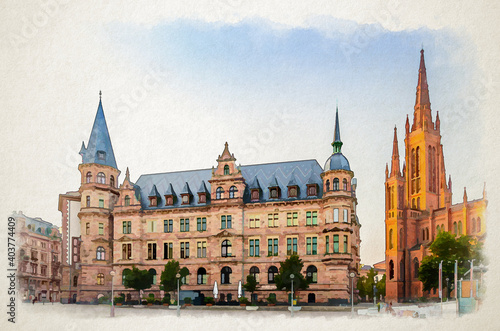 Watercolor drawing of Wiesbaden cityscape with Evangelical Market Protestant church or Marktkirche and City Palace Stadtschloss or New Town Hall