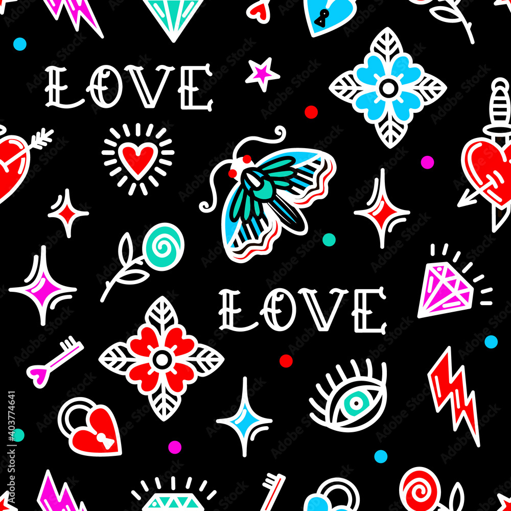 Old school tattoo pattern with love symbols Old school tattoo pattern with love symbols